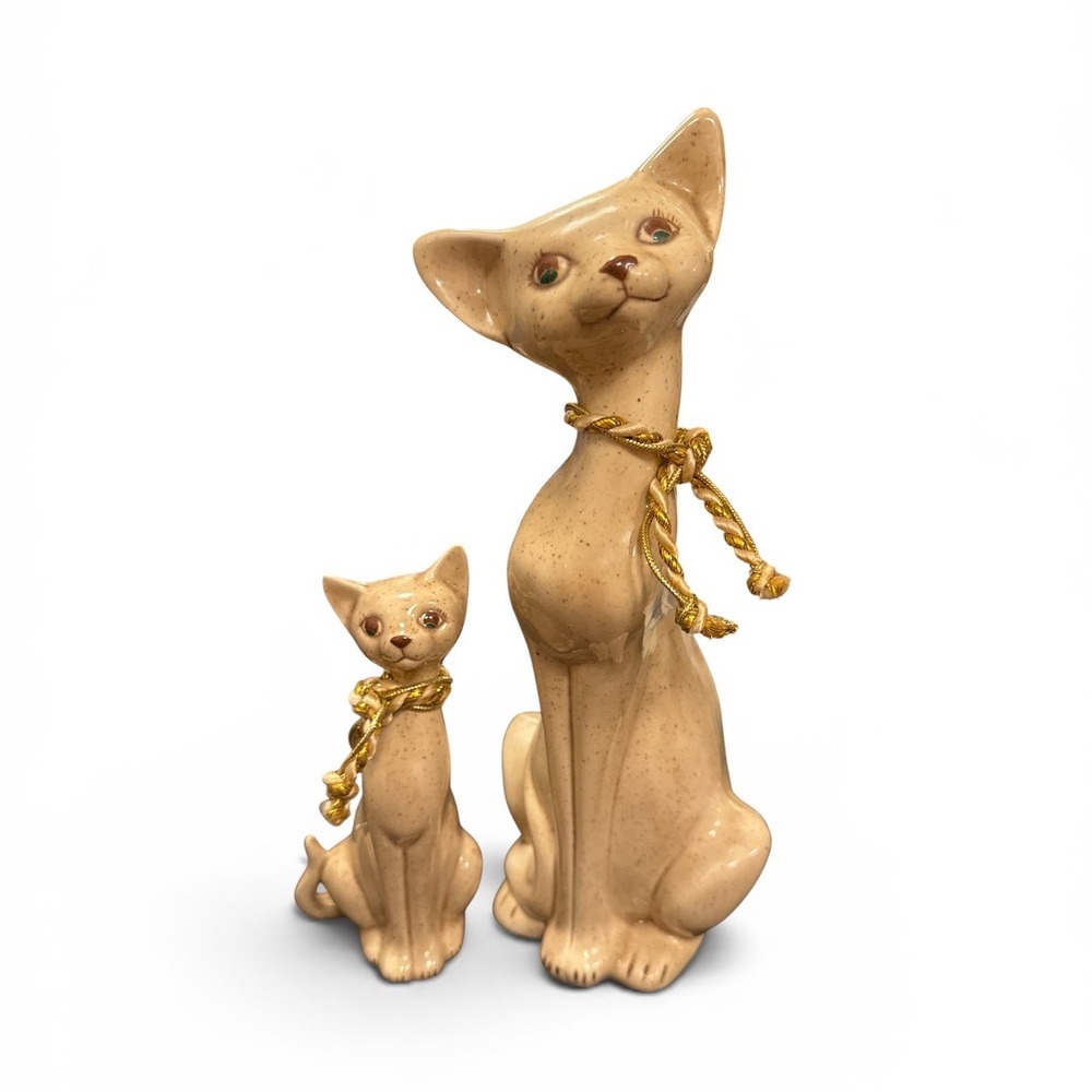 Vintage Ceramic Cat Figurines Set Tan Speckled MCM Gold Collar